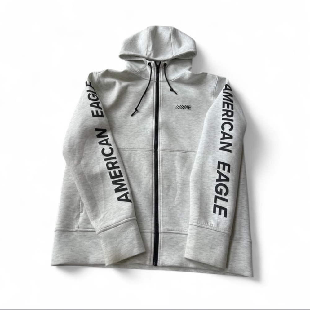 American Eagle Outfitters Heather Gray Full Zip Hoodie Jacket Black Logo Men’s M